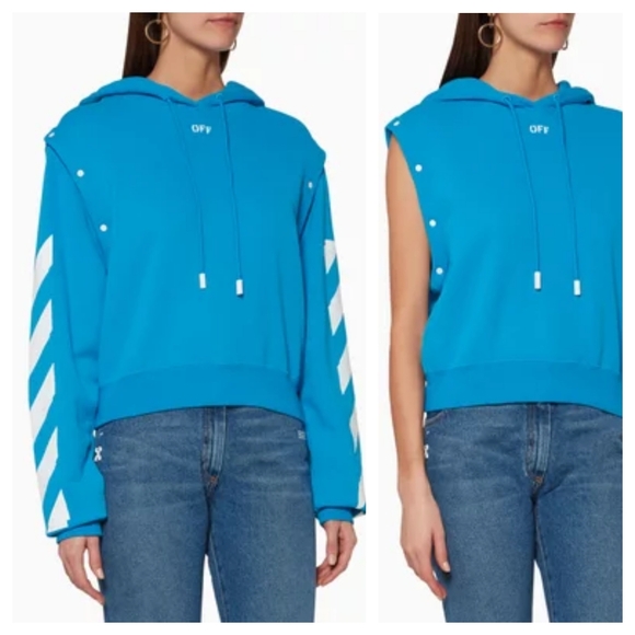OFF-WHITE Blue Hoodie with Detachable Sleeves Striped XS,New Products : American Fashion Style Bags On Sale